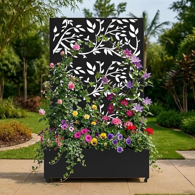 Outdoor Metal Privacy Screen with Trellis &amp Planter Box – 72 x 47 Mobile Raised Garden Bed on Wheels with Drainage Patio Divider for Climbing Plants &amp Vegetables Black Tree Texture