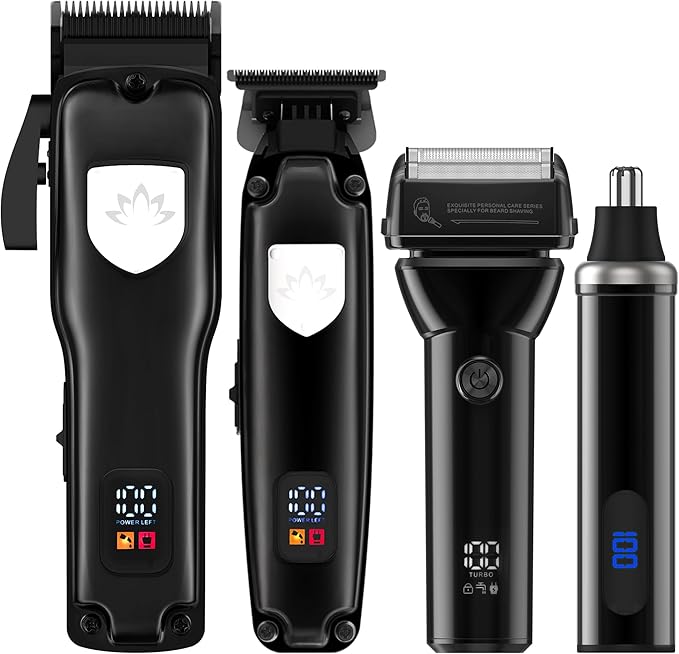 Karrte Professional Hair Clippers and Trimmer Set for Men T-Shaper Trimmer &amp Foil Shaver Nose &amp Ear Hair Trimmer Cordless Clippers and Grooming Set Hair Cutting Kit with LED Display Black