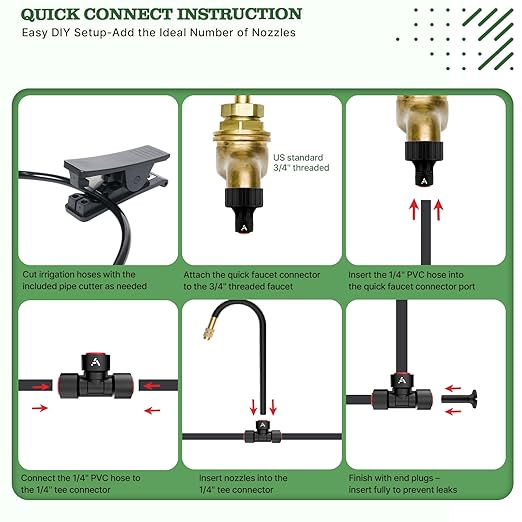 A ANLEOLIFE 50FT Drip Irrigation Kit for Patio Potted Plants 360° Bendable Copper Nozzles Quick-Connect 1/4 Tubing for Container Gardens Micro Drip with Adjustable Water Flow (Timer Not Included)