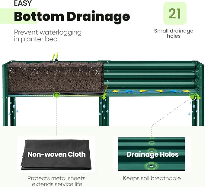 KING BIRD Raised Garden Bed with Legs Galvanized Large Elevated Planter Box for Backyard Patio Balcony 600lb Capacity Green 70.9x22.8x31.5 in