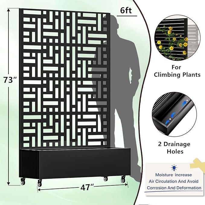 Metal Planter Box with Trellis72x47x16Galvanized Steel Outdoor Raised Garden Bed with Privacy Screenwith Drainage Holes &amp Lockable Casters for Climbing PlantsVegetablesand Vines(JD)