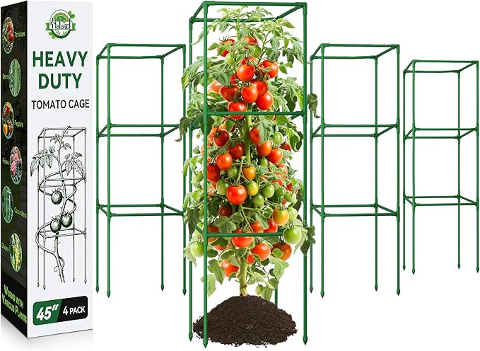 Halatool Heavy Duty Square Tomato Cages 45 Inch Large Metal Tomato Cages for Garden Adjustable Folding Tomato Trellis for Climbing Vegetables Flowers Fruits 4 Pack