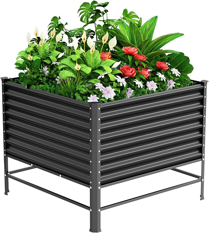 Doniks Raised Garden Bed with Legs 48×48×37in Large Outdoor Metal Galvanized Garden Planting Box1200lb Capacity for Vegetables Lawn Green Flowers Fruits Terrace