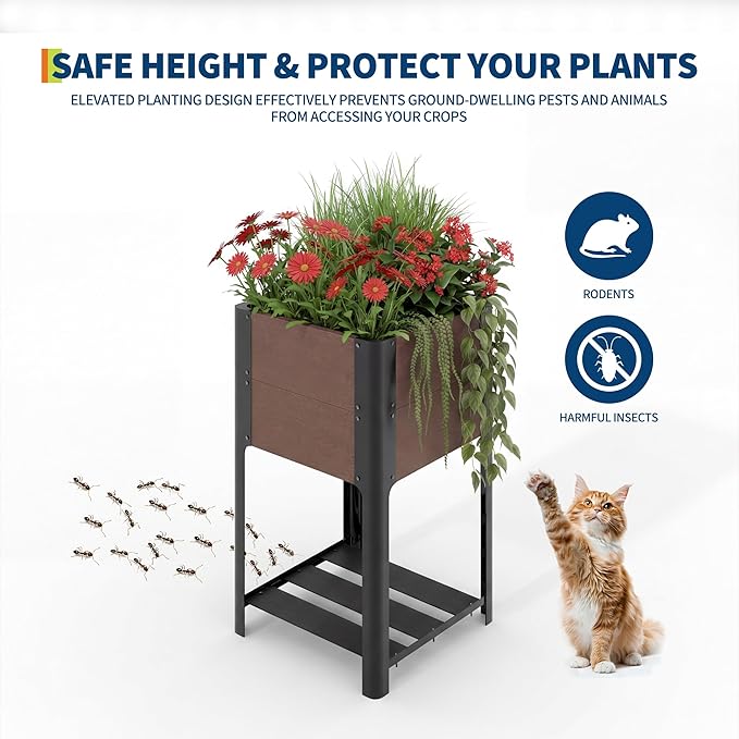 PeakPursuit All-Weather Elevated Garden Bed with Storage Shelf HDPE Wood Grain Planter Box &amp Sturdy Black Aluminum Frame for Vegetables Herbs on Patio Balcony19 l x 33 h