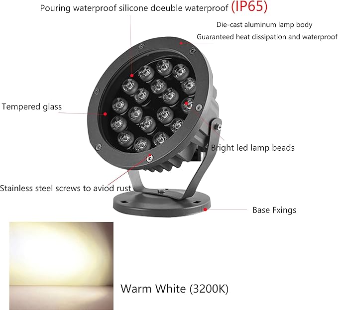 Outdoor LED Spotlight Waterproof Bright Outdoor Landscape Automatic Timer Mini Lawn Lamp 18W Graden Lights Lawn Decorative Lamp with Plug Courtyard Flag Light Front Yard Warm White