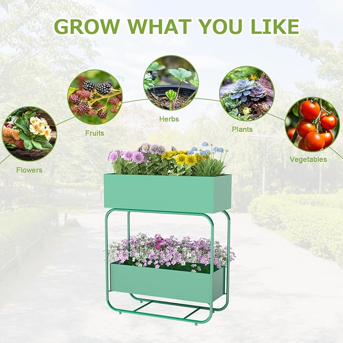kinbor 2 Tier Elevated Raised Garden Bed Outdoor - Set of 2 Durable Planter Boxes for Vegetables Flowers &amp Herbs (29” Tall Rust-Resistant Steel Green)