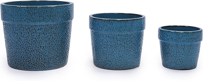 Handmade Ceramic Planter Set of 3 15129 Inch Diameter Blue Textured Pattern for Succulents Indoor Plants Windowsill Bookshelf Use Breathable Clay