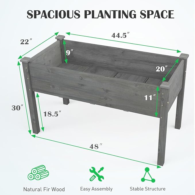 Giantex Raised Garden Bed Elevated Planter Box with Legs Drain Holes Wood Planter Raised Beds for Vegetables Flower Herb Standing Plant Grow Container for Backyard Patio 48 Lx22 Wx30 H