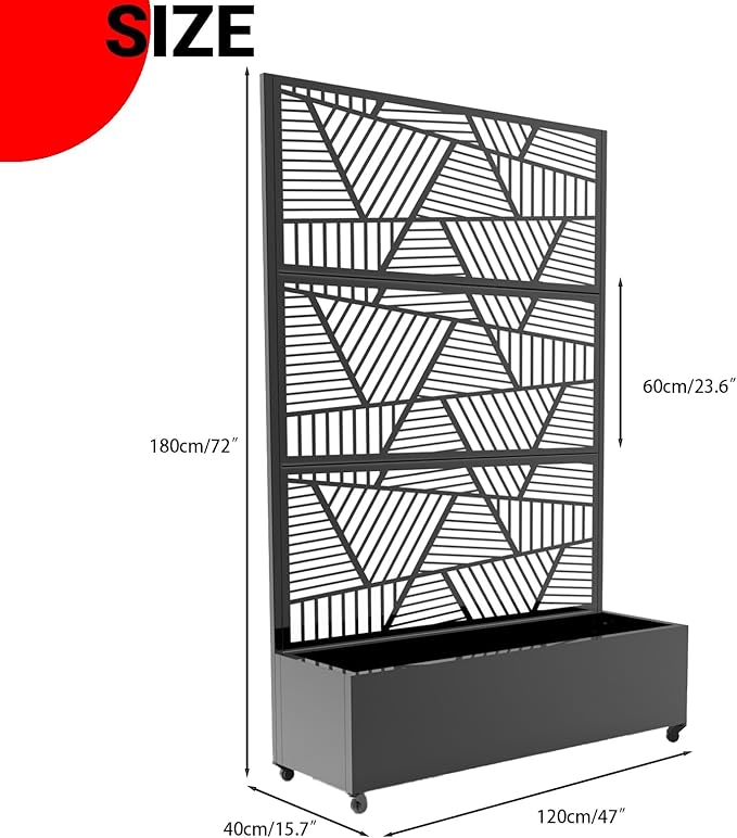 Outdoor Metal Privacy Screen with Trellis &amp Planter Box – 72 x 47 3-Panel Raised Garden Bed on Wheels with Drainage Patio Divider for Climbing Plants &amp Vegetables Black