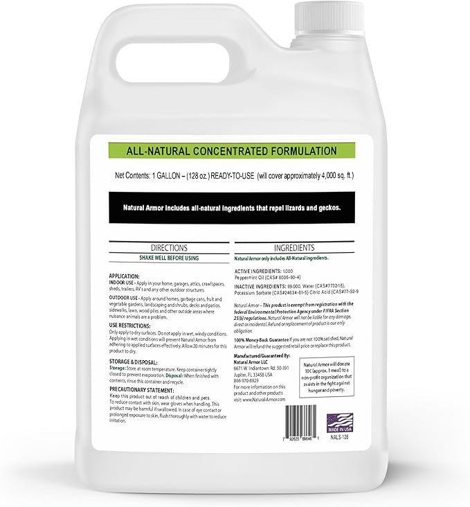 Natural Armor Lizard &amp Gecko Repellent Spray - Powerful Peppermint Formulation Repels All Types of Lizards &amp Geckos and Works Better Than Ultrasonic Gimmicks – 128 fl oz - Gallon Ready to Use