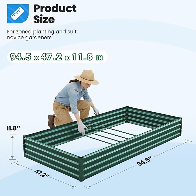 Quictent Galvanized Raised Garden Bed 8x4x1 Ft Metal Planter Box for Vegetables Bottomless for Backyard 2 Tomato Cages Included Green 2PCS