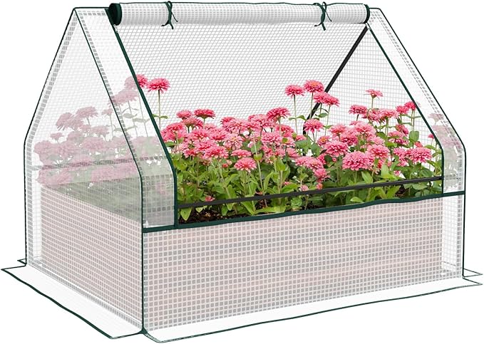 Raised Garden Bed with Mini Greenhouse Cover Galvanized Steel Planter Box for Herbs and Vegetables