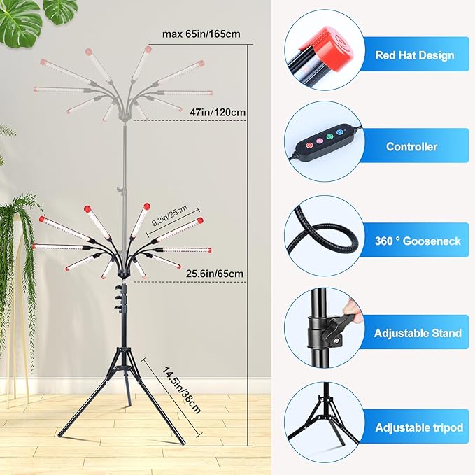 10Head Grow Light on Stand for Large&ampTall Indoor Plants Bonsai Tree Bright and Big Coverage Plant Growing Lamps 4/8/12/16/20H Timer 90 Watt Power Draw NO Need Adapter 360° Gooseneck