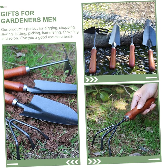 DECHOUS Garden Shovel and Spade Tool Set 4pcs Mini Metal Gardening Trowels with Extended Narrow Shovel Three-Prong Rake Dual-use Hoe and Soil Scoop for Planting and Flower Pots