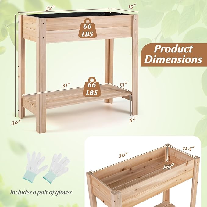 HAPPYGRILL Wooden Raised Garden Bed with Legs Elevated Planter Box w/Storage Shelf Drainage Liner Outdoor Solid Wood Gardening Box for Vegetables Herbs Flower Backyard Patio Balcony Indoor
