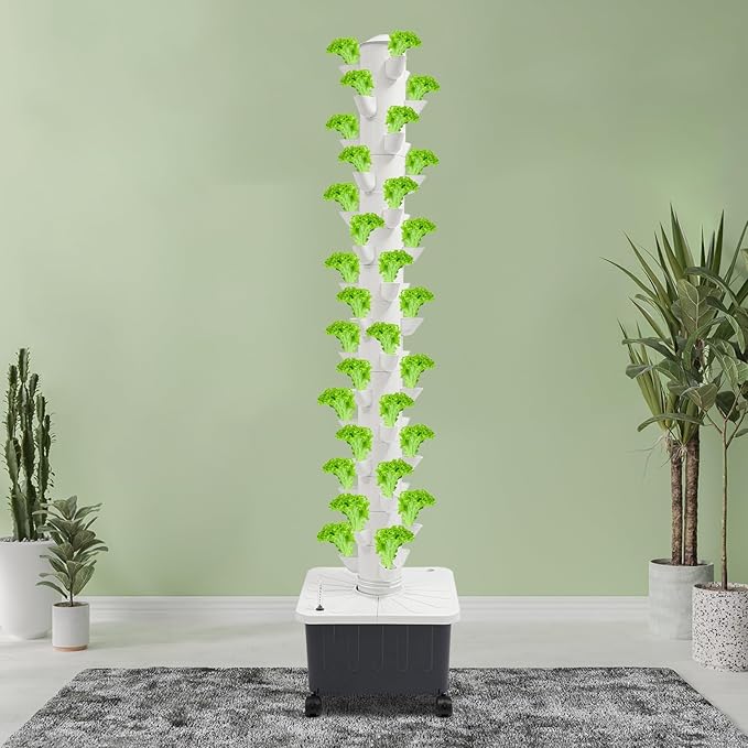15-Tier Hydroponic Growing Tower Kit 45 Holes Indoor Vertical Garden System with Water Pump &amp Wheels 30L Tank for Lettuce Herbs Strawberries Hydroponics System for Balcony Gardening DIY Home F