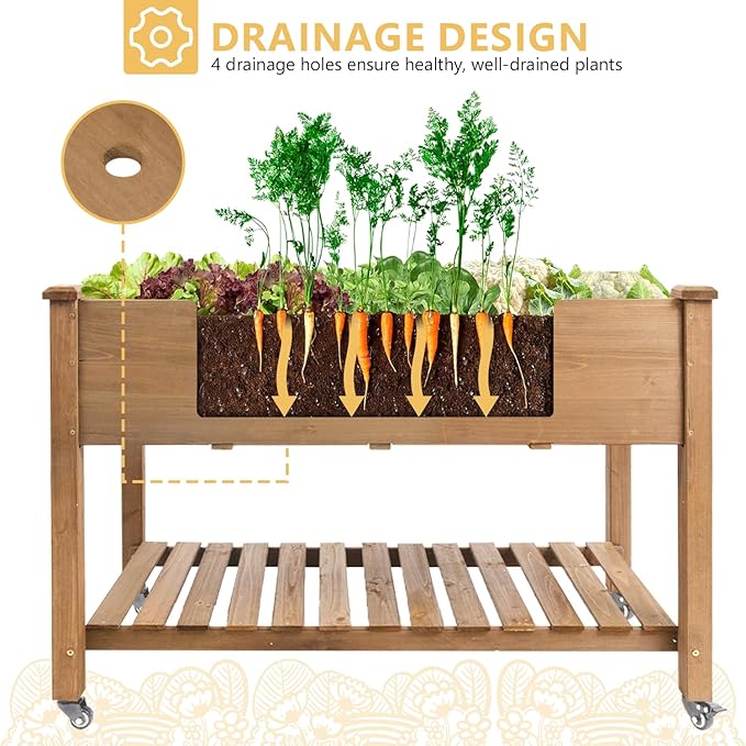 Raised Garden Bed with Wheel 48x24x30in Elevated Wood Planter Box Can Grow Vegetables Flowers and Herbs Suitable for Backyard Patio Balcony Terrace Veranda （Brown）