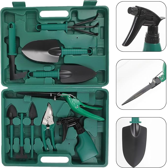 10pcs Metal Garden Tool Set with Storage Case for Outdoor Planting Includes Shovels Rakes and Pruning Shears Portable Gardening Kit for Plant Care and Landscaping