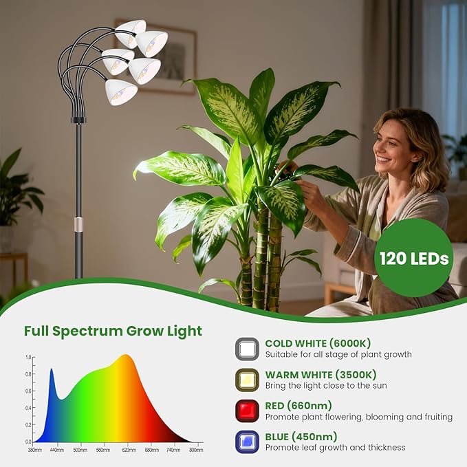 Wolezek Grow Lights for Indoor Plants Full Spectrum with Stand 5-Head 120 LEDs Floor Plant Grow Lamp for Large Plants Auto ON/Off Timer 6/12/16H 5 Dimmable Levels Adjustable Height 16.5-61
