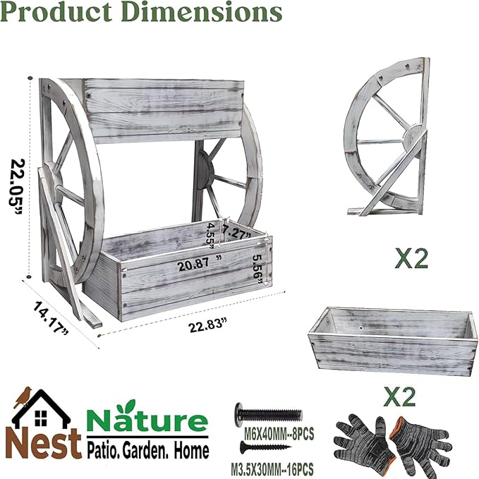 Wooden Wagon Garden Planter Box with Wheels-Indoor/Outdoor Decor for Patio Backyard Balcony-Country Farmhouse Flower Box-2 Tier Rustic Garden Raised Bed for Flowers Herbs Vegetables