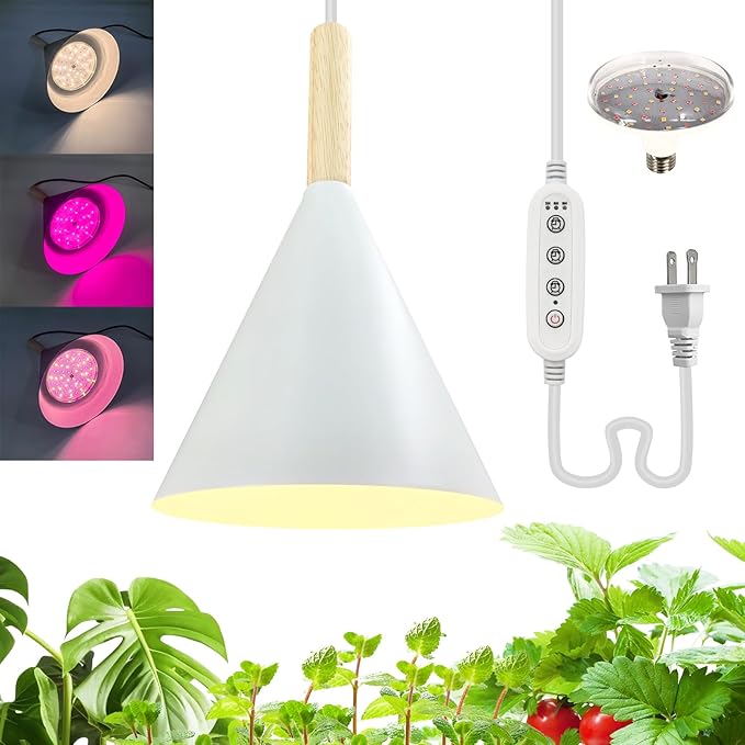 Hanging Grow Lights for Indoor PlantsPendant Plant Lights for Indoor Growing15W Full Spectrum with Timer and 15FT Power Cord Hanging Grow LightLarge Tall Plant Greenhouse (White)