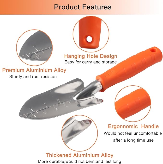 Garden Tool Set with Non-Slip Rubber Handle 3 Pack Stainless Steel Heavy Duty Gardening Tool Set Weed Puller Tool Includes Hand Weeder Transplants Trowel and Cultivator (Orange)