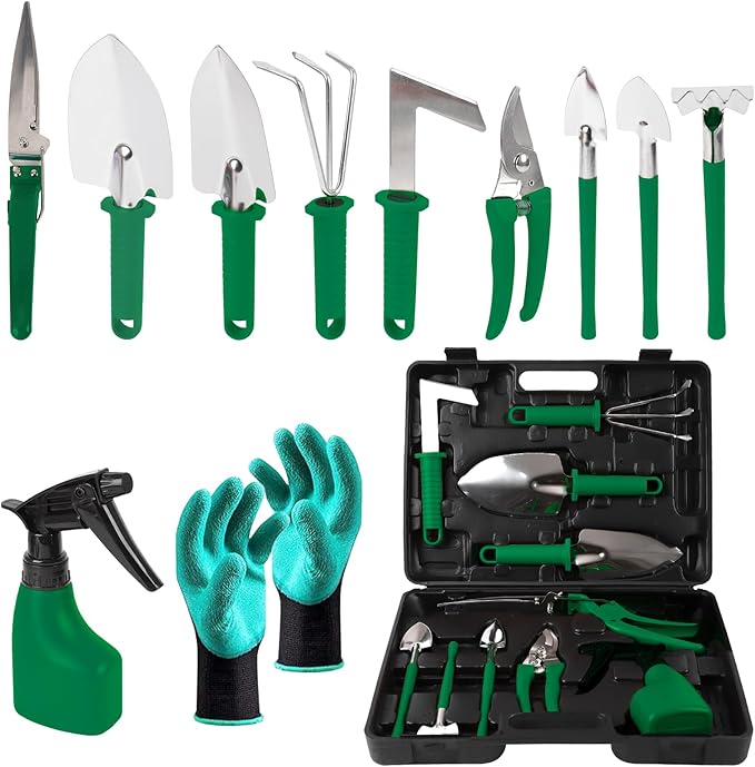 Gardening Tool Set 11 Pieces Gardening Tools with Carrying Case Garden Tool Kit for Digging Planting Pruning Unique Gardening Set with Gloves for Women and Men (Green)