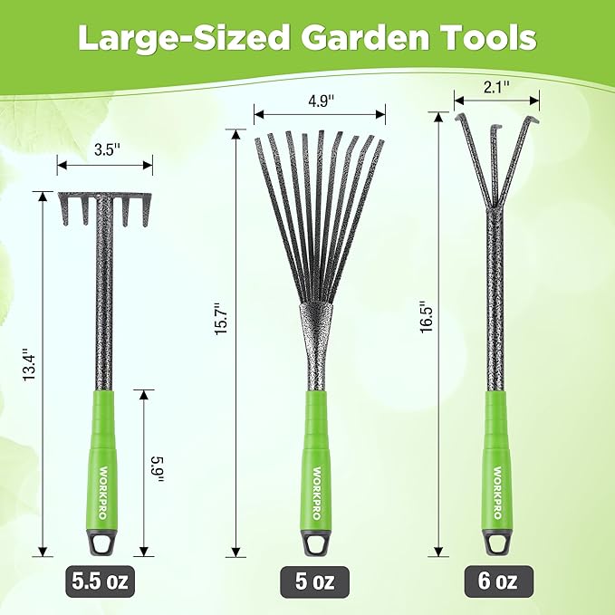 WORKPRO 6-Piece Garden Tool Set Heavy Duty Gardening Hand Tools with Soft Rubber Handle Including Trowel Rakes 2-in-1 Hoe and Crack Weeder Ideal Gardening Gifts for Men and Women