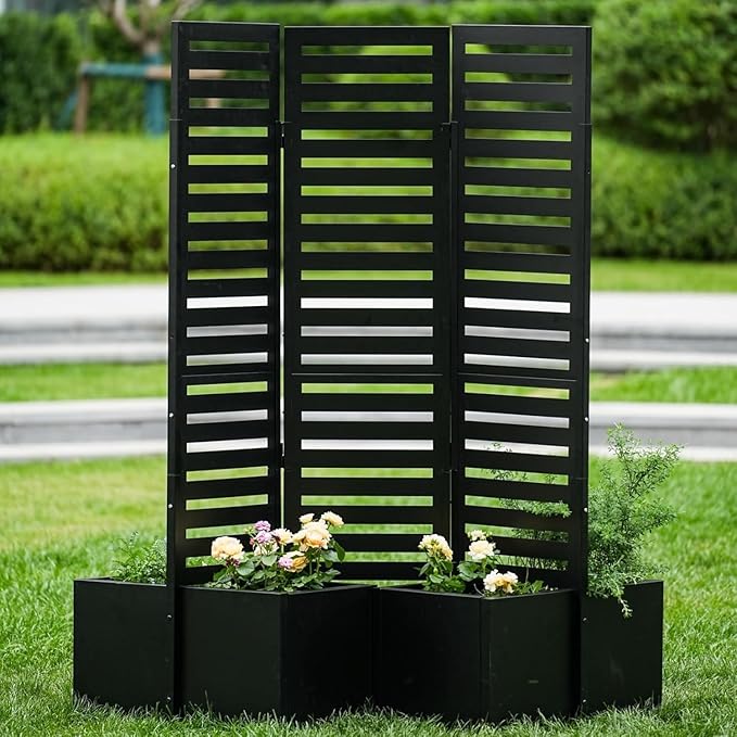 Freestanding Privacy Screen with Planter Box 3-Panel Garden Metal Fence 51x70x31 Inch Tall Outdoor Divider with 4 Self-Draining Raised Garden Beds for Patio Deck Backyard