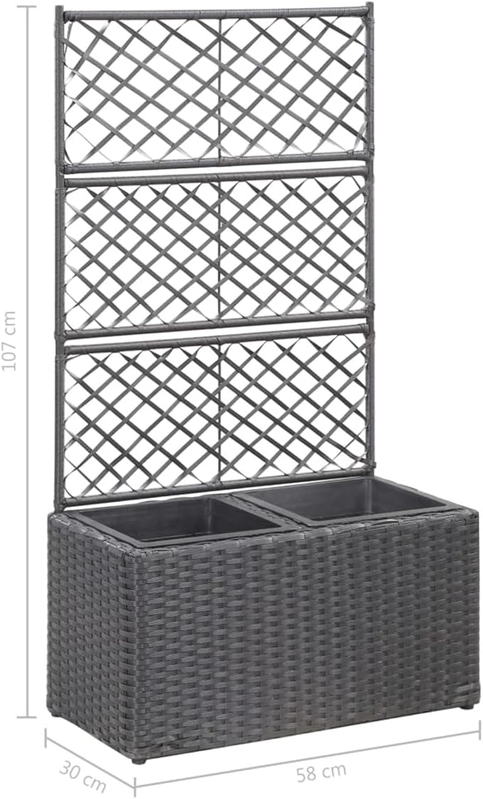 Raised Bed Planter Trellis Design with 2 Pots 22.8x11.8x42.1 Inches Black Poly Rattan for Climbing Plants and Flowers in Garden or Terrace