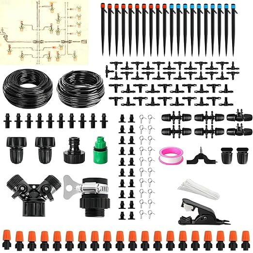 240FT Garden Drip Irrigation Kit - DIY Plant Watering System with 3 Adjustable Modes (Mist Drip Vortex Nozzles) 5/16 Mainline &amp 1/4 Tubing for Greenhouse Patio Raised Beds