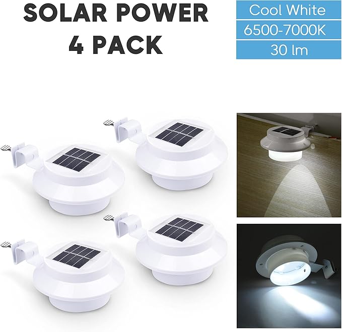 Yescom Solar Gutter Light Outdoor Waterproof 3 LED Deck Fence Lights with Bracket Wall Garden Stair Step Yard White 4Pcs
