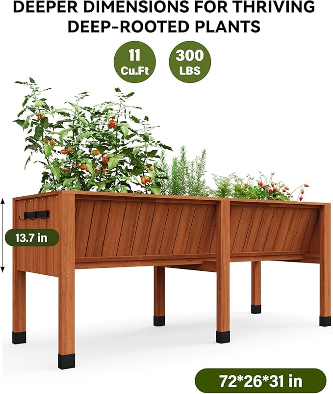 PeakPursuit 6x2 ft Large Elevated Garden Bed with Storage Hooks 72x26x30 Inch Tall Wooden Raised Planter Box 13.7 Deep Outdoor Grow Box for Vegetables/Herbs Includes Non-Woven LinerNatural Wood
