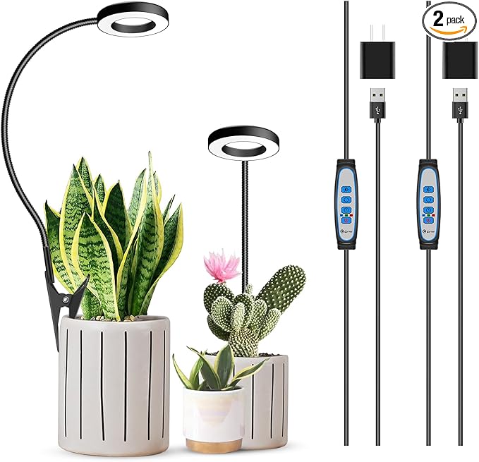Plant Light 2 Pack Clip on Grow Lights for Indoor Plants LED Full Spectrum Halo Grow Lamp with 6/12/16H Timer 5 Dimmable 3 Modes 2 Installation Options Clip or Plug