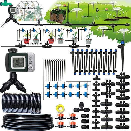 Drip Irrigation System with Water Timer 162ft Drip Irrigation Kit 5/16“ID and 1/4 Inch Pipe Auto Watering System for Garden Adjustable Spray for Greenhouse Garden Lawn Potted Plants Black