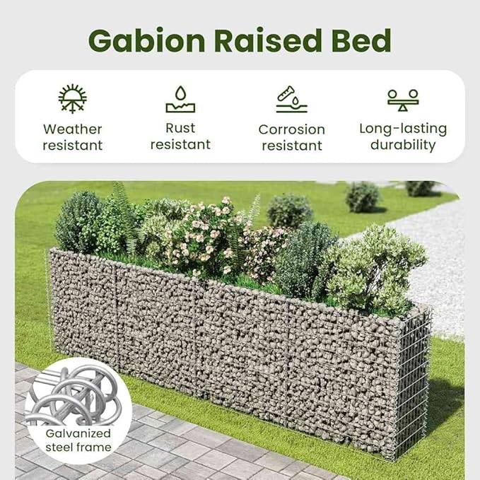 vidaXL Rectangular Gabion Raised Bed in Galvanized Steel - Sturdy and Durable Flower or Plant Bed - Weather- and Proof - Large Size