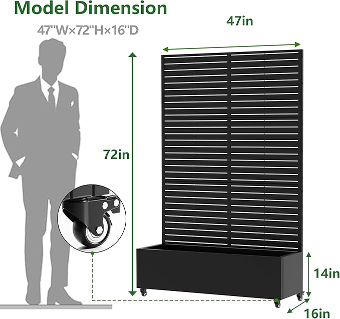 Casaphoria Raised Garden Bed Metal Planter Box with Trellis 72x47x16 for Outdoor Climbing Plants Flowers Vegetables and Vines Privacy Screen with Wheels and Drainage Holes(Black Louvered02)