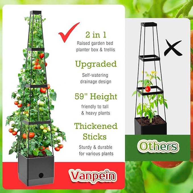 Raised Garden Bed Planter Boxes &amp Trellis vanpein Tomato Cage &amp Planter Pot Outdoor 59 Plant Support with Self Watering for Climbing Vegetable Flowers Vines Plants Gray