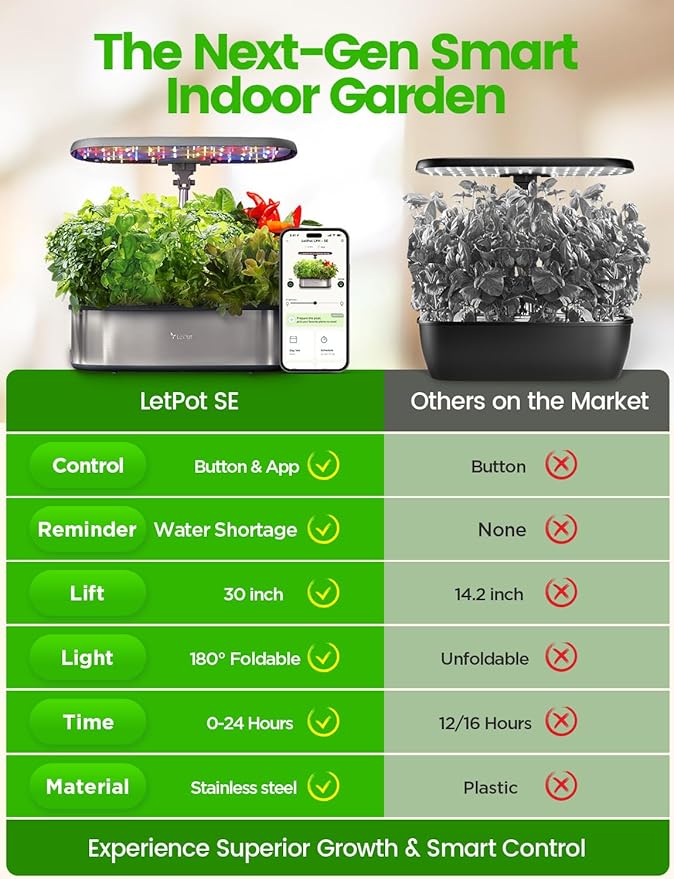 LetPot LPH-SE Hydroponics Growing System 12 Pods Smart Herb Garden Kit Indoor Indoor Garden APP &amp WiFi Controlled with 24W Growing LED 5.5L Water Tank Pump System Automatic Timer