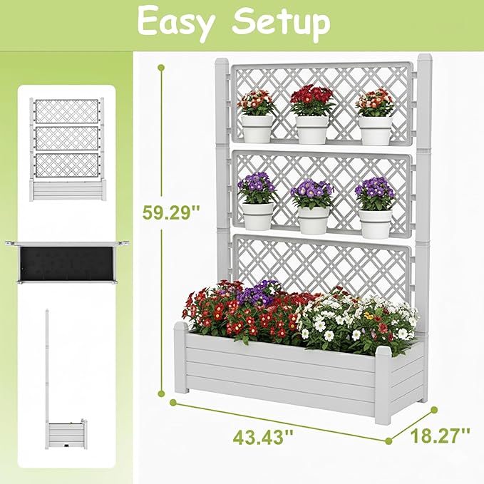5.3' Tall Raised Garden Bed with Trellis Self Watering Planter Box for Outdoor Climbing Plants Resin Garden Lattice for Vegetables Flowers Tomato &amp Vine with Drainage Holes (Ashen 1 PC)