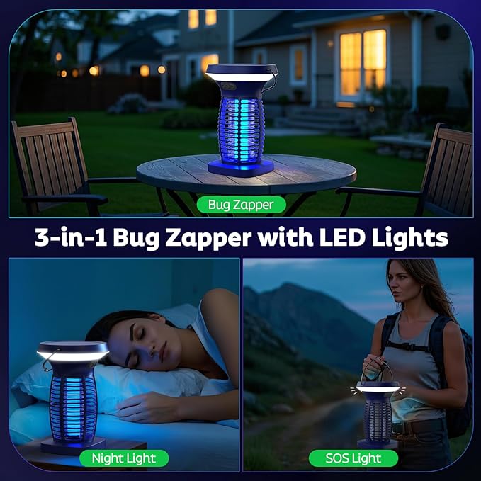 Solar Bug Zapper Outdoor Mosquito Zapper Outdoor Waterproof Electric Fly Zapper Rechargeable Mosquito Killer with Solar Panel 4200V Fly Trap Indoor for Home Backyard Patio Garden Camping