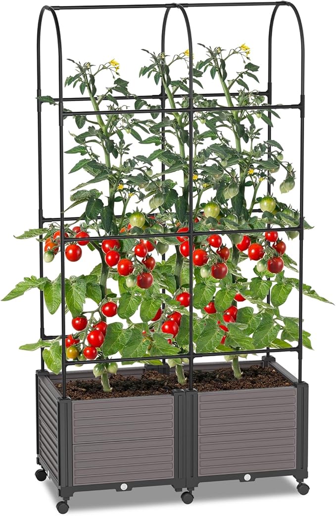 Raised Garden Bed Outdoor Planter Box with Trellis and Wheels Tomato Planter Cage with Trellis Indoor Outdoor Patio Self Watering Planters for Climbing Plants Vegetable Flowers