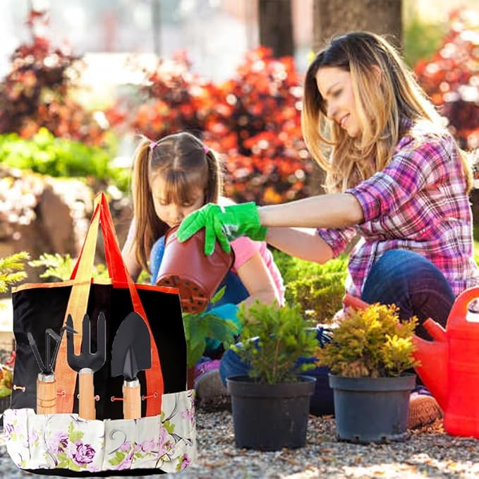 Garden Tool Set with Tote Bag 54 Pieces Includes Hand Tools Pruning Shears Gloves Plant Labels Folding Stool (Red)