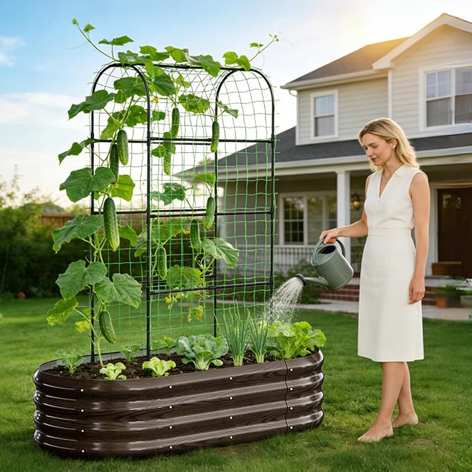 2 in 1 Galvanized Raised Garden Bed with 71 H Arch Trellis for Climbing Plants Outdoor Gardening Planter Box with Climbing Net for Flowers Vegetables Fruits Herbs Wood Grain
