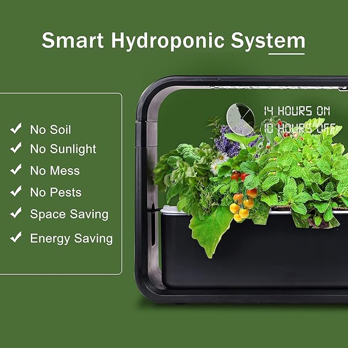 Elevon Hydroponic Growing System 12-Pod Indoor Garden with LED Grow Light &amp Height-Adjustable Stand Quiet Smart Pump Germination Kit Fresh Harvest Hydroponic Planter for Herbs/Vegetables Black