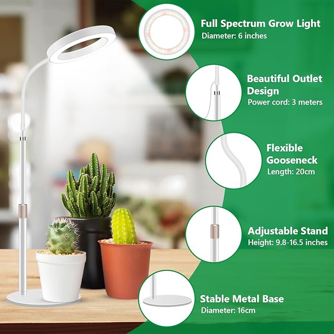 Grow Lights for Indoor Plants 80 LED Full Spectrum Desk Plant Light for Growing Small Plant Height Adjustable 24.5 Halo Grow Lamp with Base 6/12/16H Timer 3 Light Modes 5 Dimming
