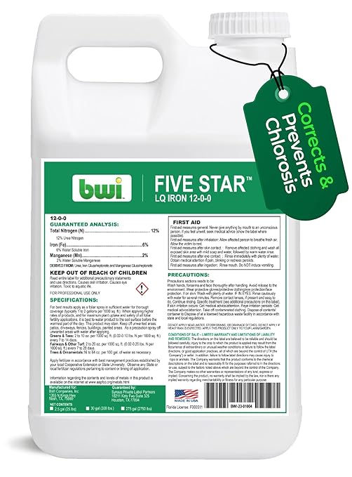 Five Star LQ Iron 12-0-0 Liquid Fertilizer for Rapid Green-Up &amp Chlorosis Correction - Perfect Nitrogen Fertilizer with 6% Iron 2% Manganese &amp Low pH for Turf Trees &amp Ornamentals - 2.5 G