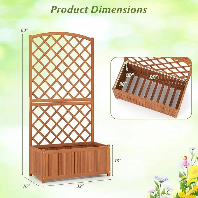 Giantex Solid Acacia Wood Planter Box with Trellis 63 Raised Garden Bed with Trellis Plant Box Slat Base Outdoor Privacy Planter for Vine Climbing Plants Flowers Garden Patio Balcony