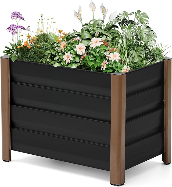 Garvee Aluminum Planter Box 24x16x18 Modern Raised Garden Bed with Rounded Corners &amp Anti-Cut Edging Deep Design with Drainage Holes for Outdoor Patio &amp Balcony Gray
