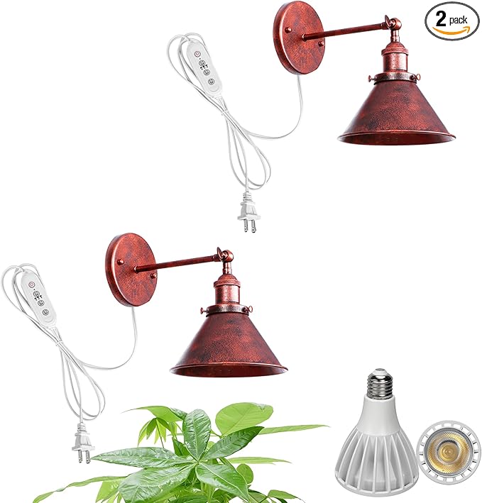 2-Pack Hook Type Wall Mounted Plant Light Full Spectrum 25W 6000K White Light Vintage Rust Metal Adjusted Angle Timing Wall Lamps for Plants Flowers Indoor Growing